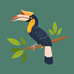 Elegant hornbill bird illustration with black and white feathers and large yellow beak perched on a branch in modern vector style © firstcolor