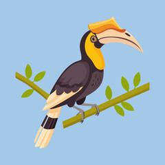 Detailed hornbill bird perched on a branch with green leaves and a sharp yellow beak in a vibrant tropical wildlife vector illustration © firstcolor
