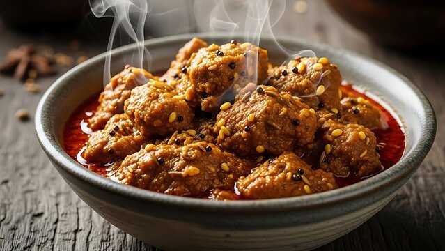 Delicious closeup of a spicy beef stew with rice, carrots, and onions served as a hot meal in a white bowl with savory tomato sauce