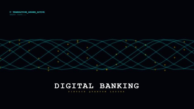 Dynamic abstract visualization of digital banking transactions on a secure fintech quantum ledger network with data points highlighting financial security