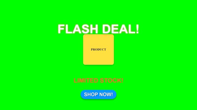 Vibrant flash deal banner for online shopping promotion with product placeholders and shop now button on a bright green background offering limited stock discounts.