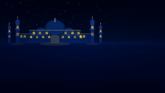A serene blue Mosque with glowing golden windows stands under a starry night sky, creating a peaceful and spiritual atmosphere for a seamless animated loop.