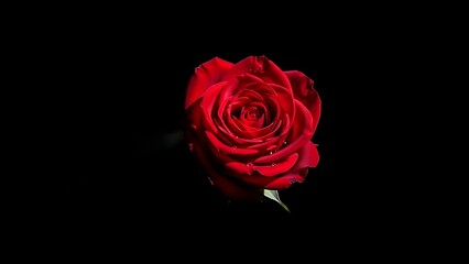 Fototapeta premium A beautiful red rose with water drops on its petals is isolated on a black background, capturing the floral romance and natural beauty of a blooming gift for Valentine's Day