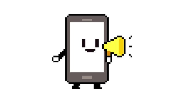 8-bit pixel art smartphone character holding a yellow megaphone. looped animation 4k 30fps