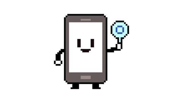 8-bit pixel art smartphone character holding O sign. looped animation 4k 30fps