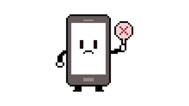 8-bit pixel art smartphone character holding X sign. looped animation 4k 30fps