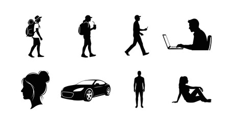 Fototapeta premium Diverse Lifestyle People Technology Automotive Silhouettes Set - Vector Icons
