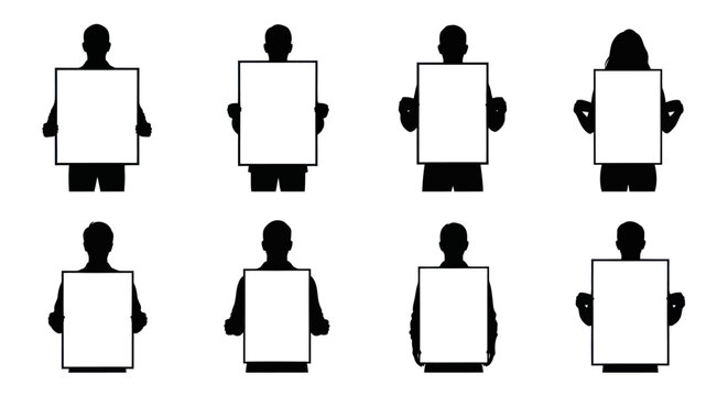 Vector People Silhouettes Holding Blank Signs - Communication  Display Graphic