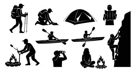 Obraz premium Outdoor Adventure Glyphs Set: Camping, Hiking, Kayaking Black White Silhouettes