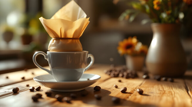 Hand drip coffee being prepared in a white ceramic cup with a paper filter on a rustic wooden table in soft sunlight
