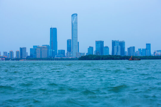 Jinji Lake lakeside city skyline scenery in Suzhou, China
