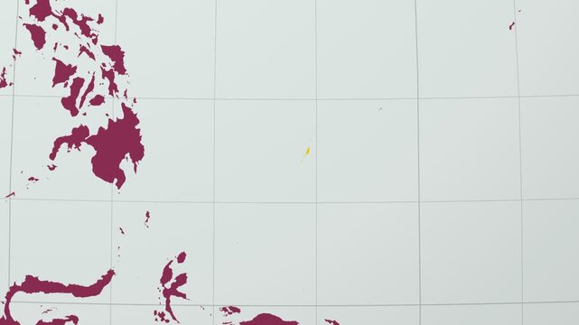 Palau map. Animated zoom into the country on the Globe in Pale Mint Dark Pink color palette. Country logo animation with round text and airplanes. Map with meridians, parallels. Charming video.