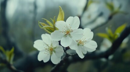 Obraz premium Close-up of delicate white blossoms with yellow centers, emerging from a branch