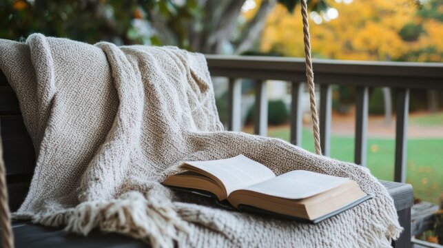 Cozy porch swing with open book and soft blanket in autumnal outdoor setting