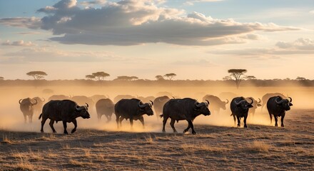 Fototapeta premium Majestic African Buffalo Herd Roaming Dusty Savanna At Sunset