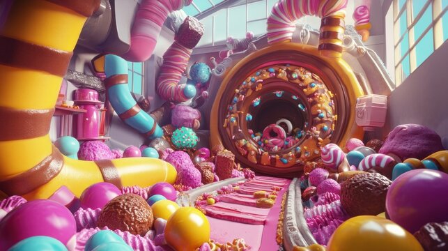 Whimsical candy tunnel overflowing with sugary treats and colorful confectionery