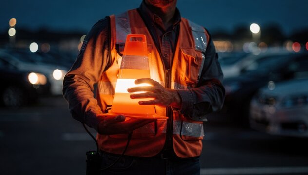 Closeup of a drivein parking guide holding an illuminated cone with the background of a crowded lot artistically out of focus for emphasis.