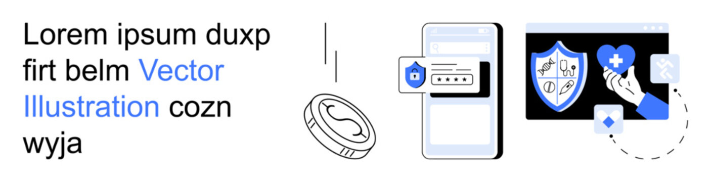 Digital security, online payments, cybersecurity, identity protection, healthcare technology, mobile verification. A smartphone, shield and dollar symbol. Digital security and online payments