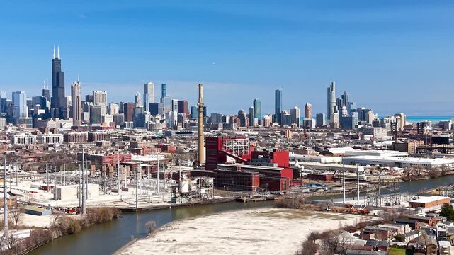 Aerial view of Chicago skyline and industrial district