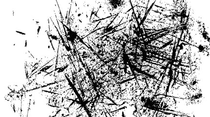 Fototapeta premium Abstract black ink splatter with scattered lines and dynamic strokes on white background.