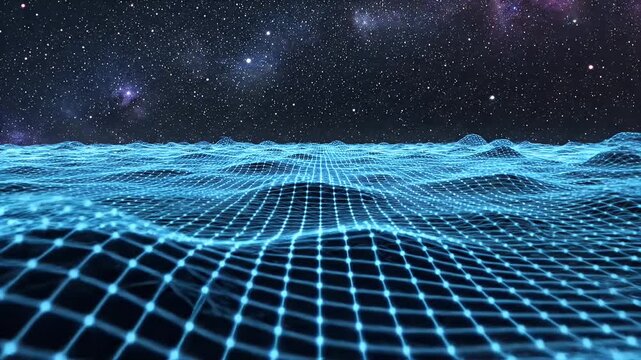 Abstract digital landscape with a glowing blue wireframe grid moving through a vast starry night sky