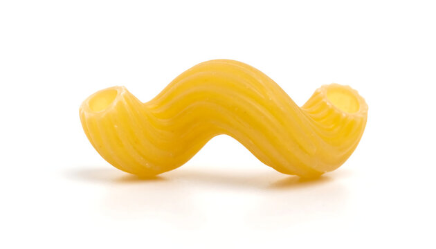 A macro photograph captures a single, uncooked golden-yellow cavatappi pasta, its unique corkscrew shape isolated against a pristine white background