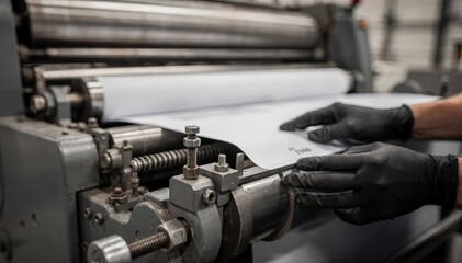 Fototapeta premium Focused image of a technician aligning registration guides on a singlecolor offset press plate changeover with machinery details artistically blurred behind.