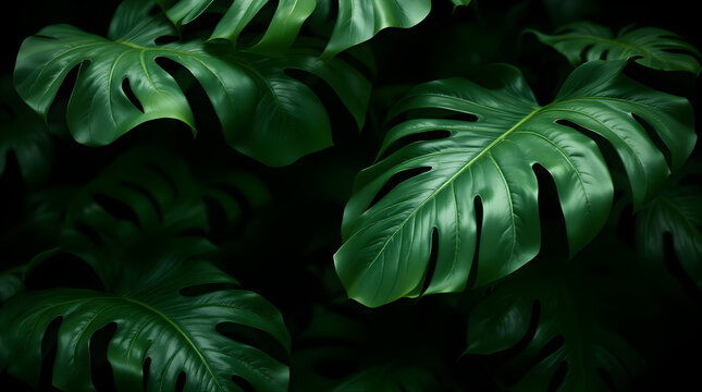 Large monstera deliciosa leaves featuring intricate patterns captured in high contrast dramatic lighting with a lush dark moody tropical botanical aesthetic