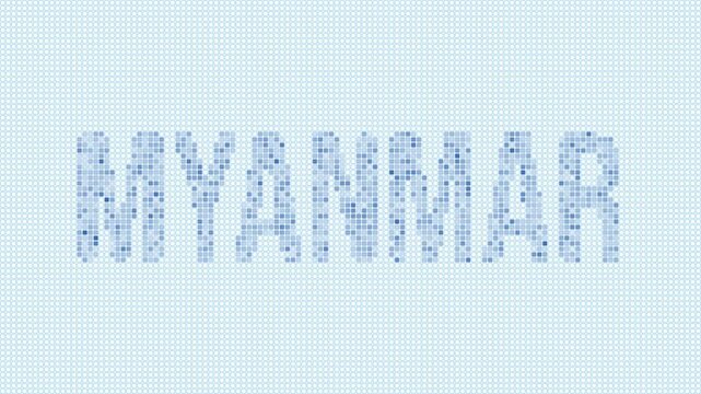 Myanmar dotted map animation. Digital style shape of the country. Myanmar shape and title dots appear with bulb flickering effect. Intro, outro, logo, title video.