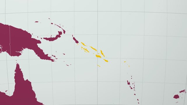 Solomon Islands map. Animated zoom into the country on the Globe in Pale Mint Dark Pink color palette. Country logo animation with round text and airplanes. Map with meridians, parallels.
