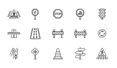 Minimal Road and Traffic Line Icons Set Crosswalk Highway Street Safety Symbols © Himu 