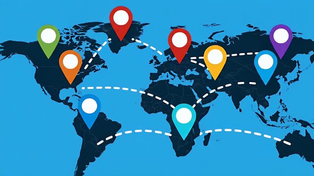 Global map with location pins connected by dotted lines showing travel routes and destinations