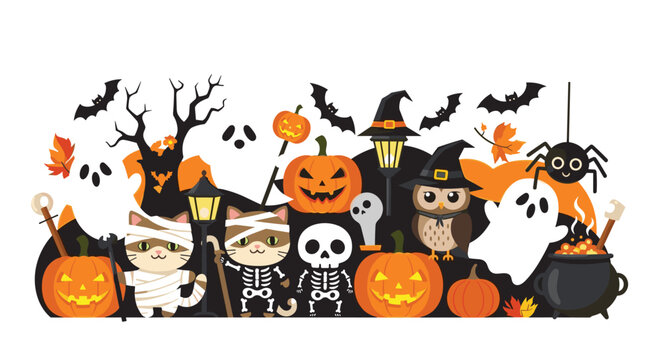Colorful halloween composition featuring pumpkins ghosts black cats in costumes skeletons and bats on a white background.