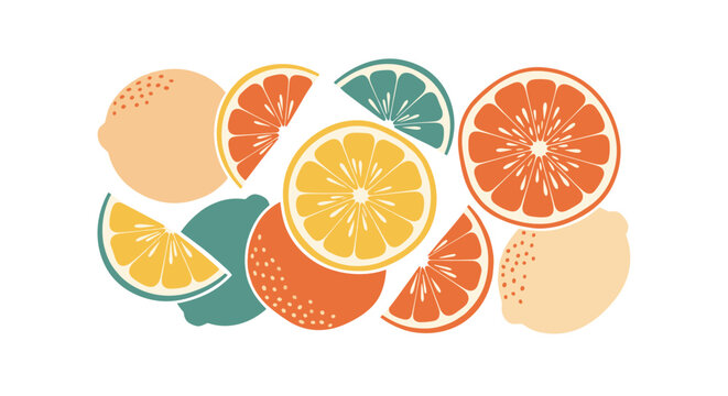 Assorted citrus fruit slices including oranges lemons and grapefruits arranged in a vibrant and fresh flat design style.