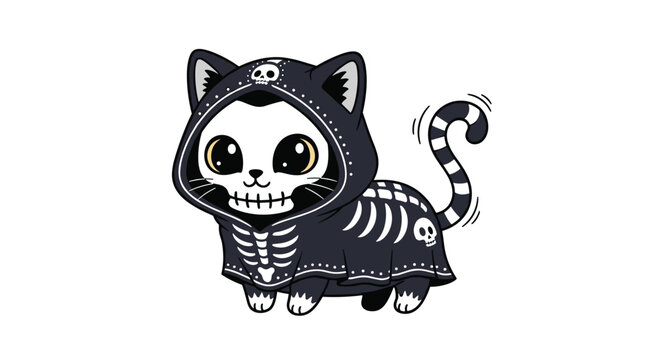 Cute black cat dressed in a spooky skeleton costume for halloween festivities with a skull pattern on its hood.
