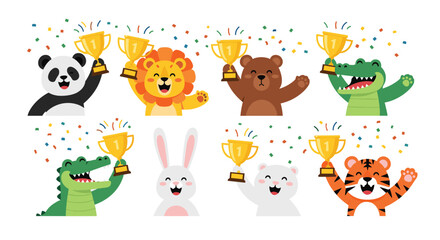 Fototapeta premium Collection of cute cartoon animals including a panda, lion, bear, and crocodile holding golden trophies with confetti.