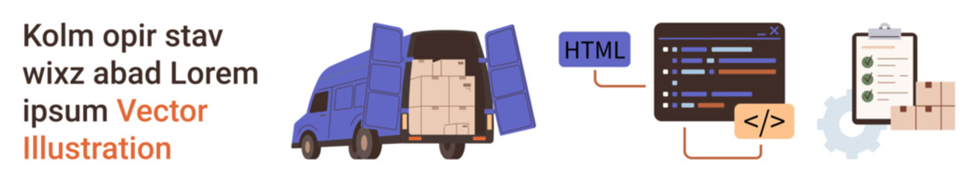 Logistics, coding, web development, online business, delivery service, package management. A delivery truck with boxes, a coding interface and packages on a clipboard. Logistics and coding concept