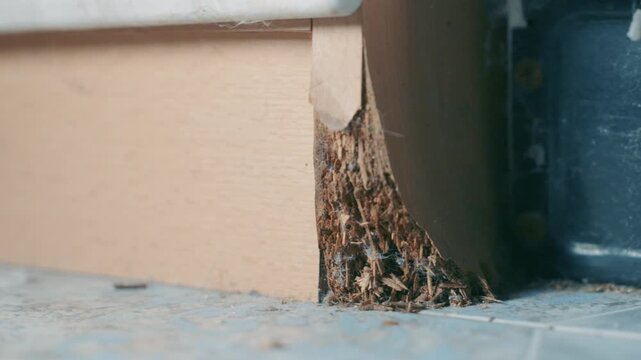 Water Damaged Kitchen Cabinet Corner Close-Up: Crumbling Particleboard Edge from Moisture Exposure | Furniture Deterioration and Home Renovation Concept