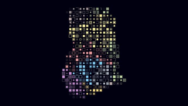 Ghana map animation. Shape of the country with pulsating colored dots. Large size square blocks. Digital style Ghana map on dark background. Creative video.