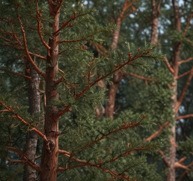 Evergreen tree branches with red-brown bark and sharp tips,  evergreen,  texture
