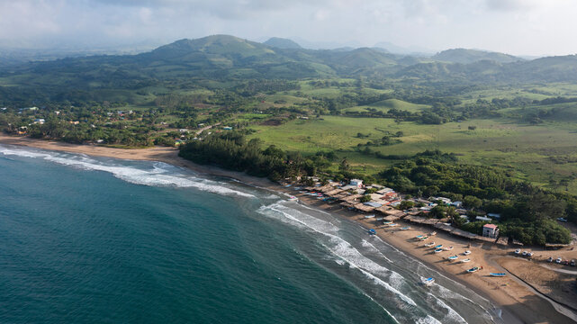 Boats line the shore of Roca Partida Beach in Arroyo de Liza, Veracruz, Mexico.