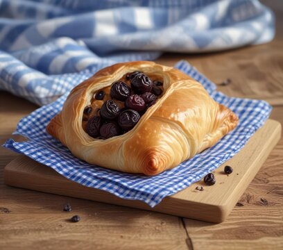 Flaky pastry wrapped around a plump raisin on a wooden table with a blue and white gingham checked cloth and a few sprinkles ,  pastries,  yellow wood