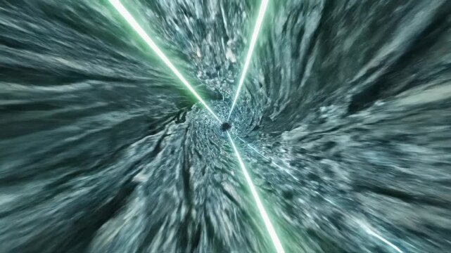 High-speed journey through an abstract sci-fi wormhole tunnel with glowing lasers