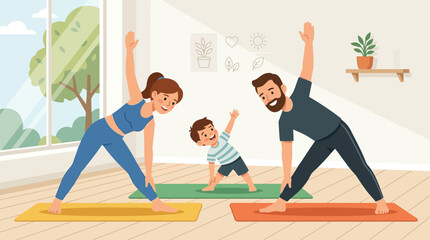 Fototapeta premium This flat design vector illustration portrays a happy family enjoying yoga together, emphasizing bonding and shared wellness activities. A clean, modern graphic celebrating family health and togethern