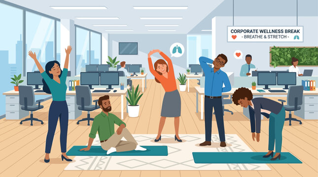 This flat design illustration shows office workers engaging in quick yoga stretches during a break, promoting corporate wellness and stress relief. A clean, modern graphic for professional health init