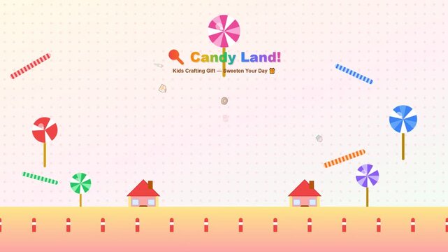 Mother's Day Gifts, this sweet Candy Land vector with lollipops, candy canes, houses on playful pastel background, great for kids' crafting.