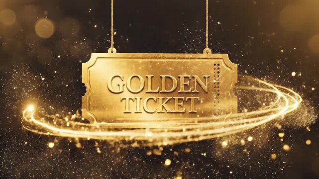 A golden ticket with the text "Golden Ticket" hangs suspended with sparkling lights and bokeh effects