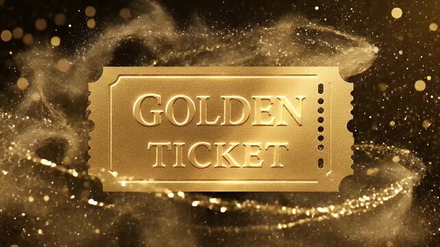 A golden ticket with the words golden ticket inscribed on it, surrounded by sparkling dust and bokeh effects