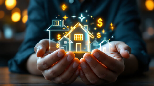 Hands holding a glowing digital representation of houses and dollar signs, symbolizing real estate investment and financial growth.
