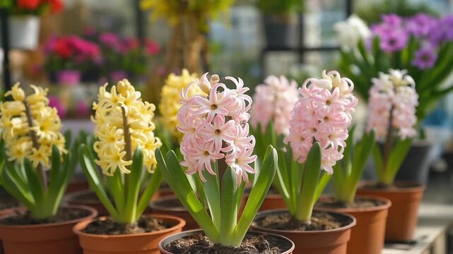 Detailed close-up of blooming light pink and pale yellow Hyacinthus orientalis flowers planted in rows of terracotta-colored pots within a greenhouse nursery for spring sale.